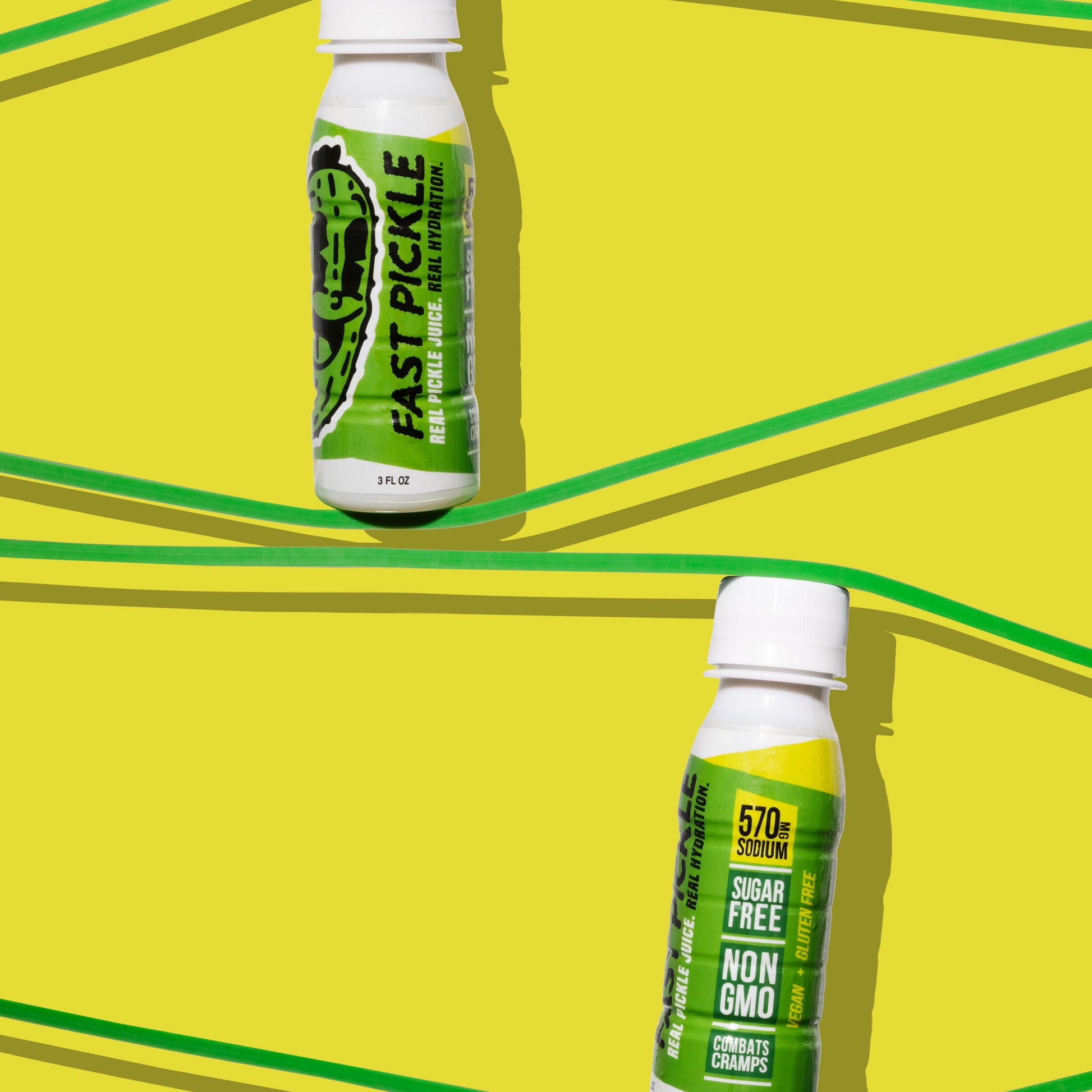 Two bottles of Fast Pickle on a yellow background with green lines.